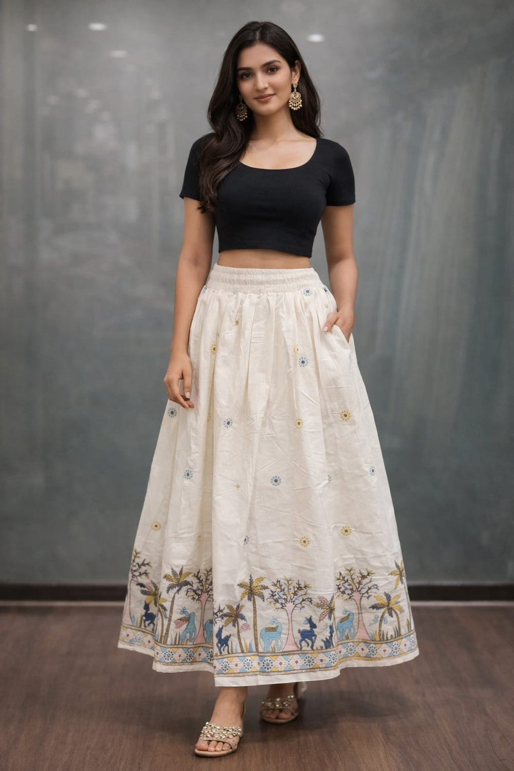Khadi cotton long skirt with Deer Embroidery - Free size