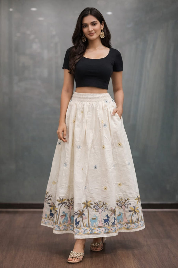 Khadi cotton long skirt with Deer Embroidery - Free size
