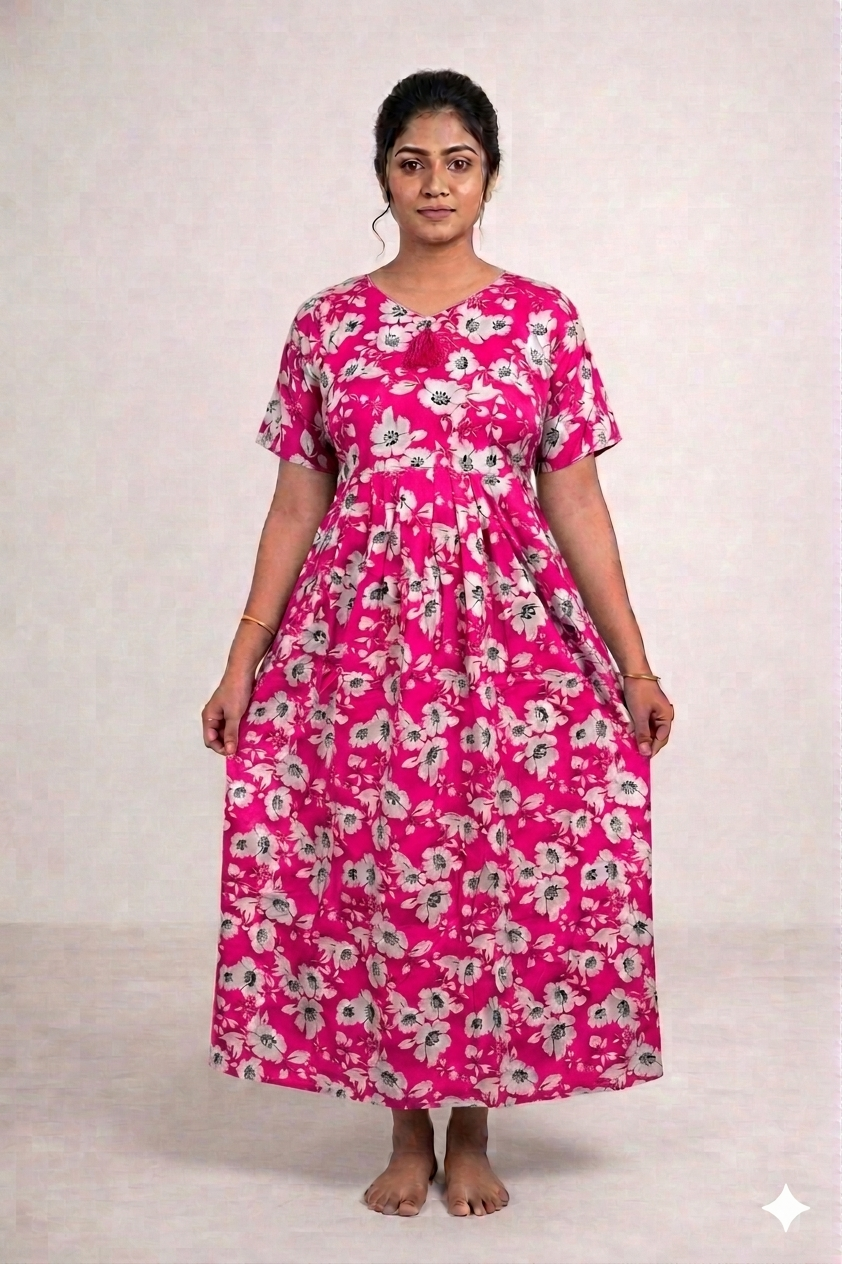 Shanthi Floral Frock model cotton Nighty Lotus pink