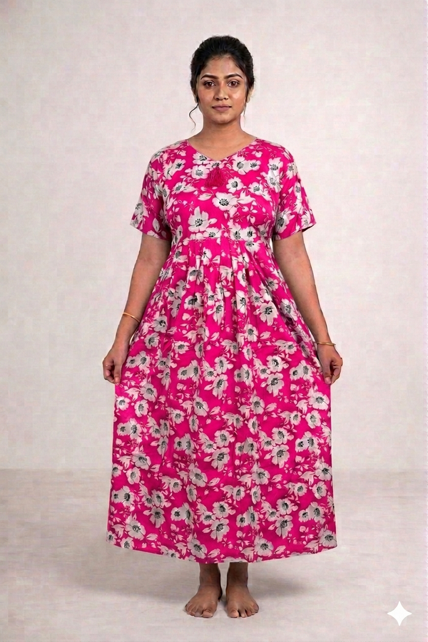Shanthi Floral Frock model cotton Nighty Lotus pink