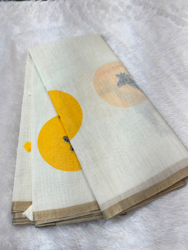 White Giraffe Printed Linen saree with Zari border