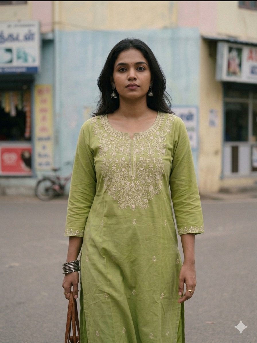 Jaipur cotton Embroidered long kurti Green