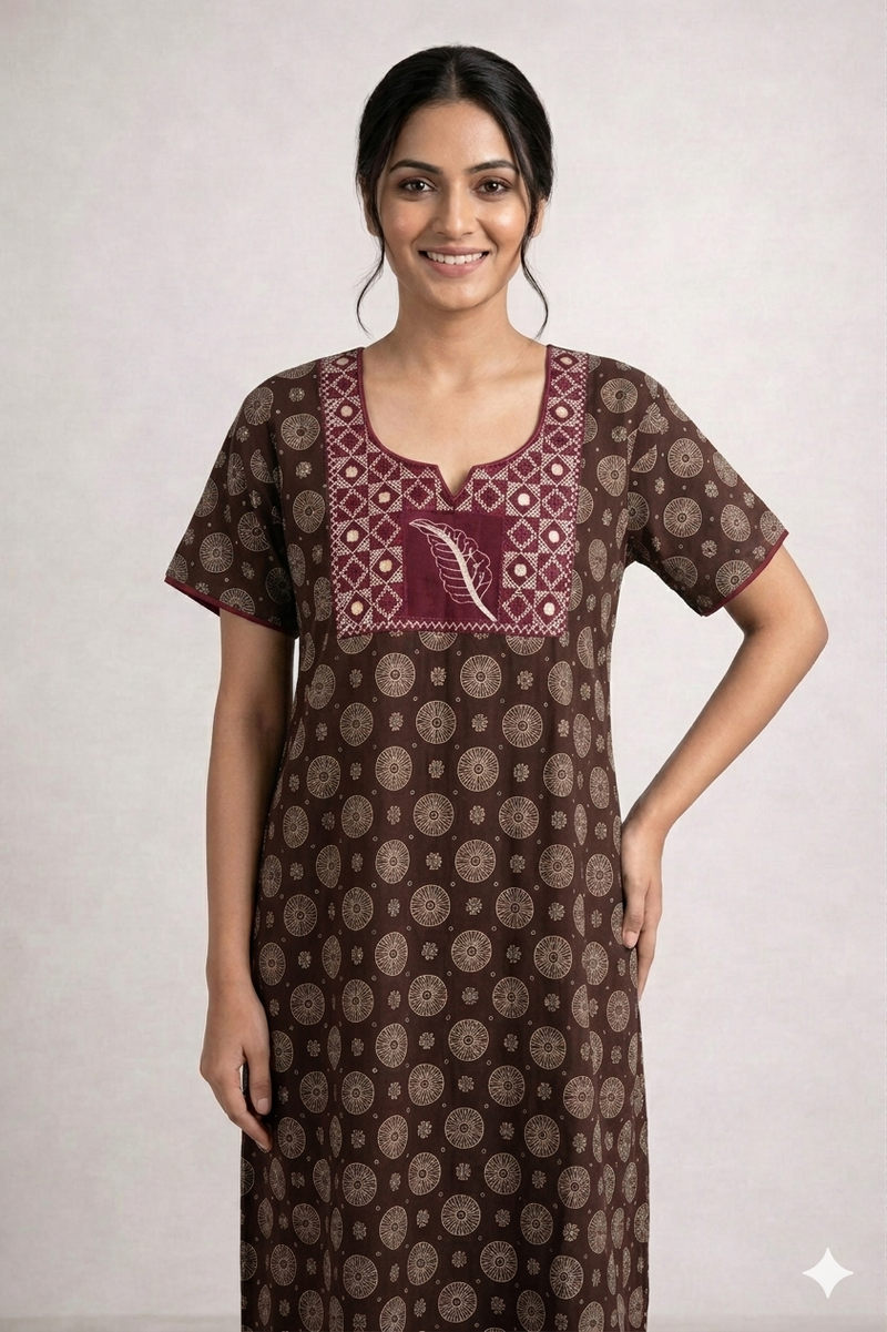Shanthi Printed nighty with embroidery work Brown