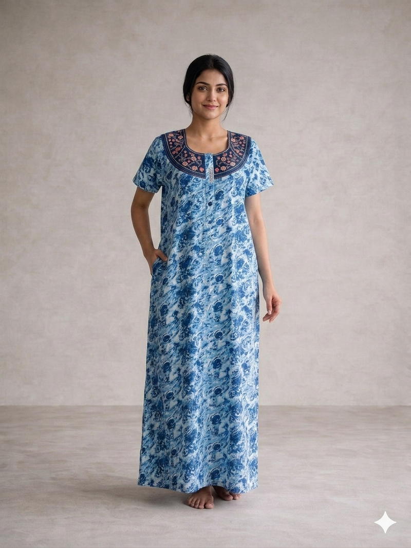 Shanthi Printed nighty with embroidery work Blue