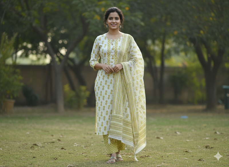 Cotton A-line Salwar Set - Green Floral