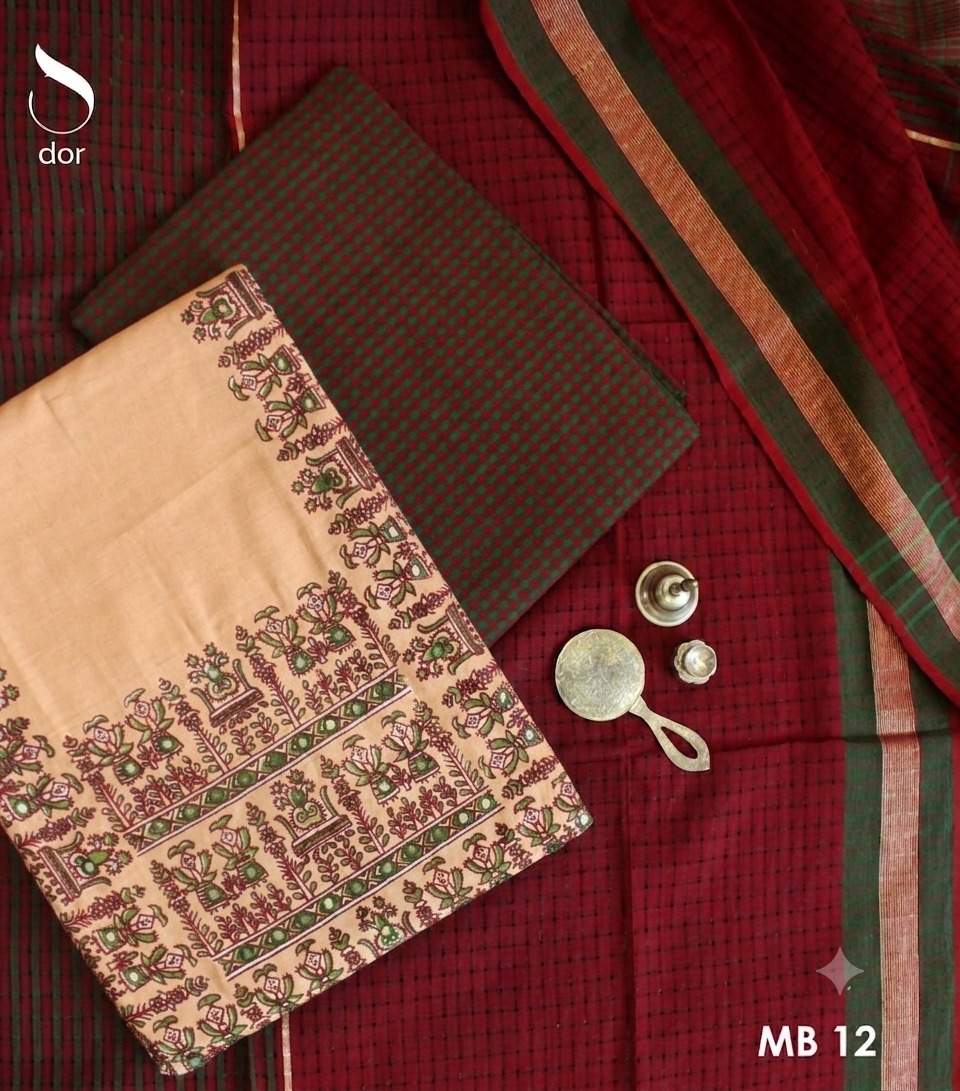 Pure Handloom Mangalgiri Cotton Madhubani Block Print Salwar Suit Set - Unstitched