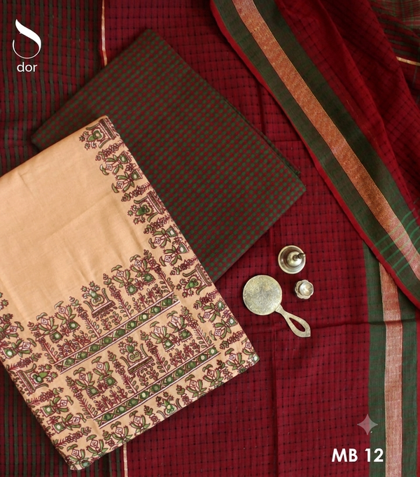 Pure Handloom Mangalgiri Cotton Madhubani Block Print Salwar Suit Set - Unstitched