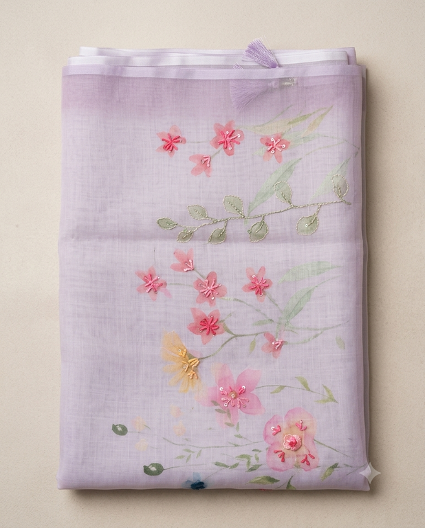Linen saree with embroidery design lavender