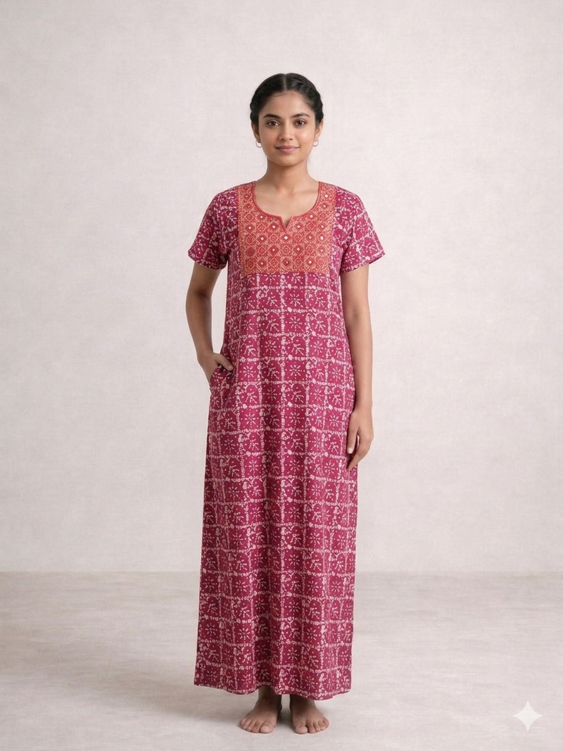 Shanthi Printed nighty with embroidery work Pink and orange