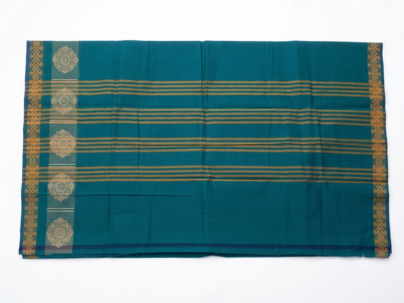 Handloom Cotton Saree | Teal Green with Traditional Thread Border & Kolam Design | Elegant Everyday Wear
