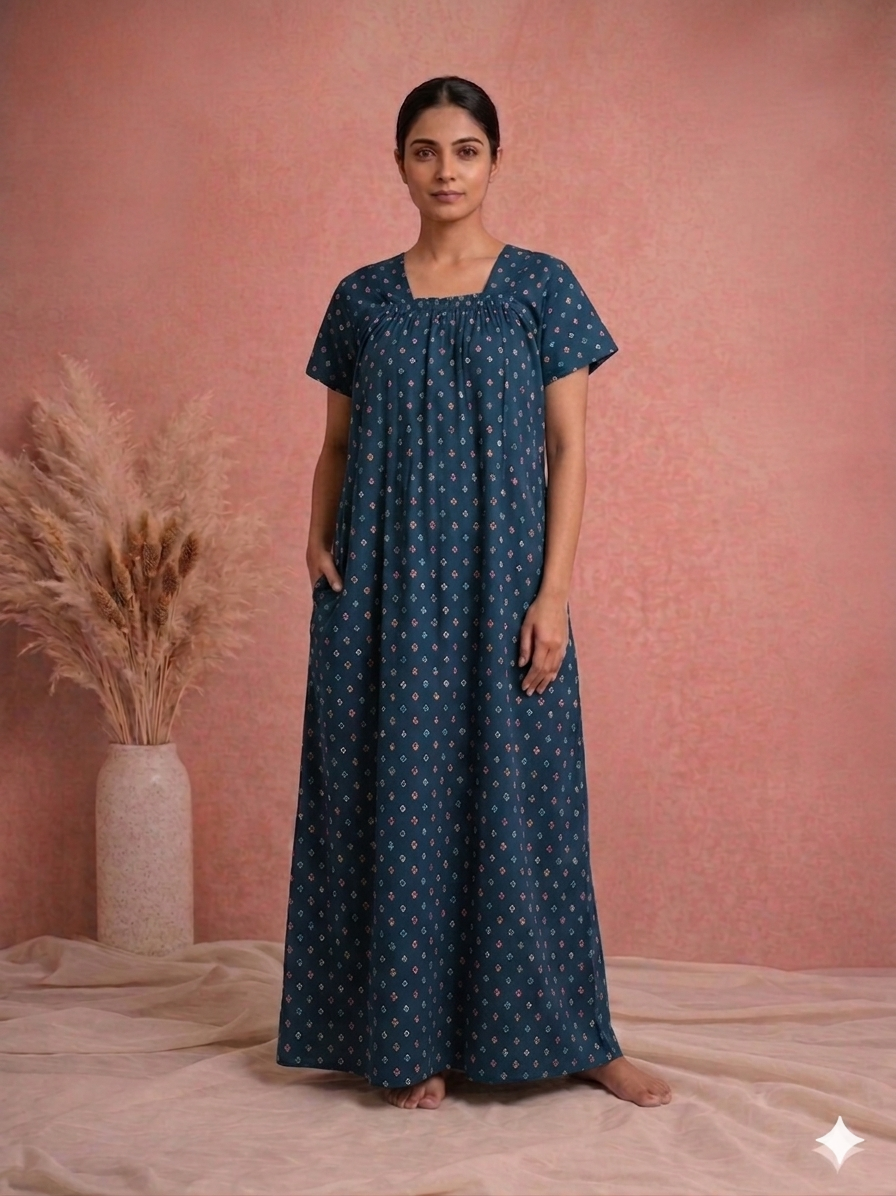Meenu's Sunflower Cotton nighty Blue L
