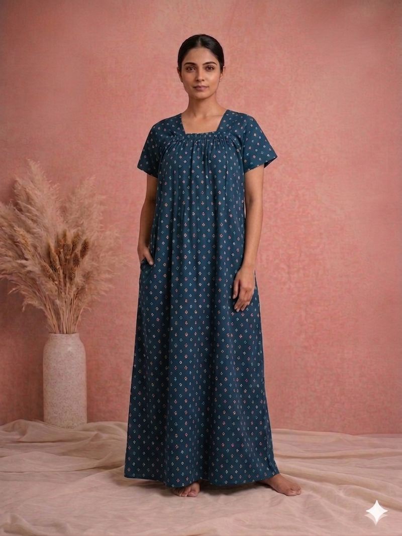 Meenu's Sunflower Cotton nighty Blue L