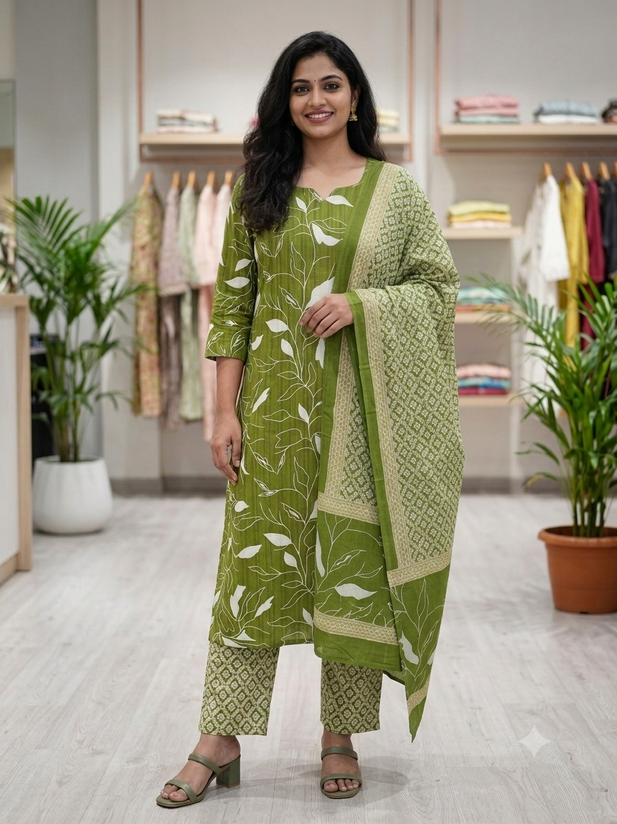 Pista green Cotton kurti set