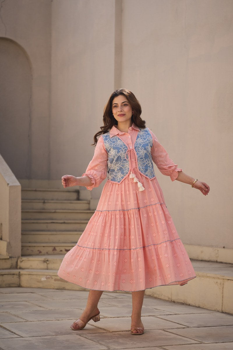 Dobby cotton full embroidered one piece paired with a shrug