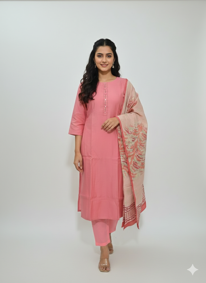 Woman wearing a pink traditional outfit with a matching dupatta on a white background