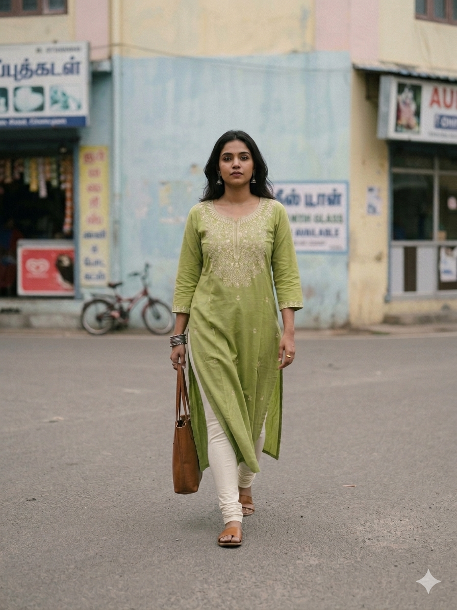 Woman in a green kurta walking on a street with buildings and advertisements in the background.