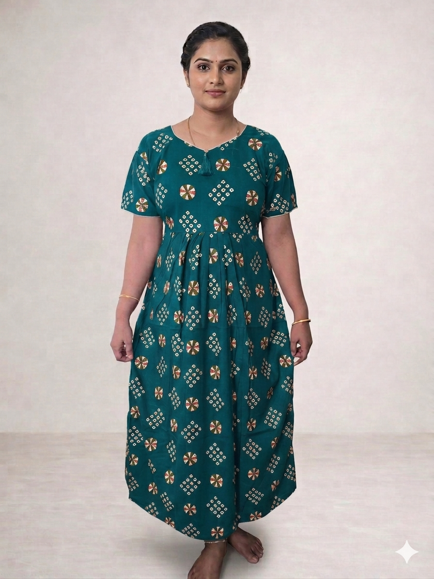 Shanthi printed Frock model cotton Nighty Teal