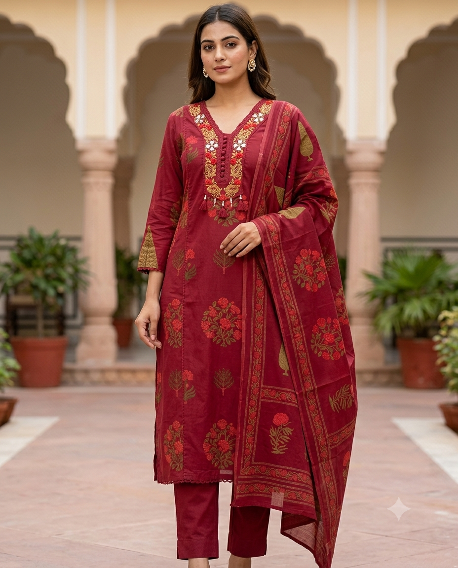 Regal Red Jaipur cotton Embroidered Kurti Set