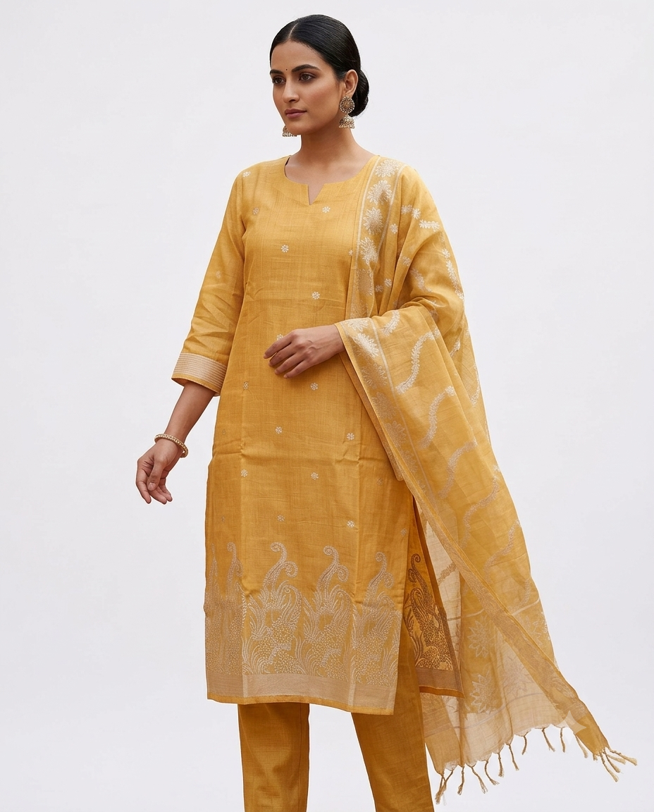 Elegant Yellow Raw Silk Embroidered Salwar Set