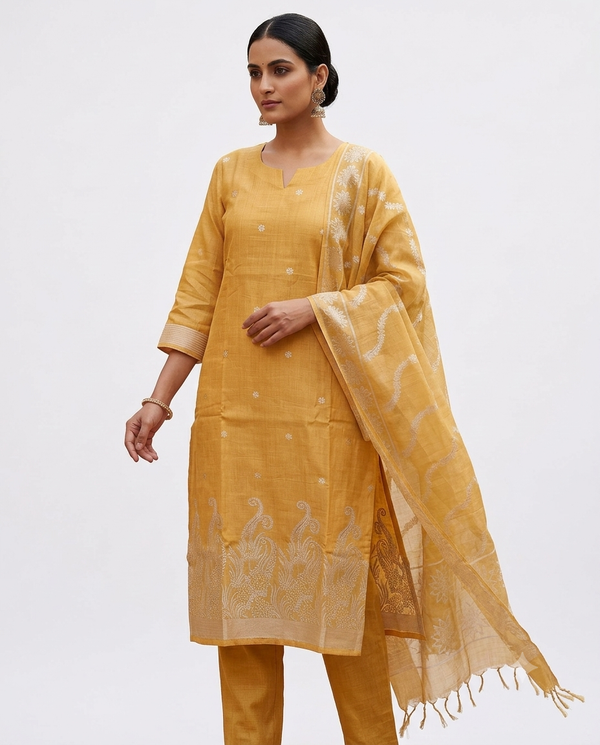 Elegant Yellow Raw Silk Embroidered Salwar Set