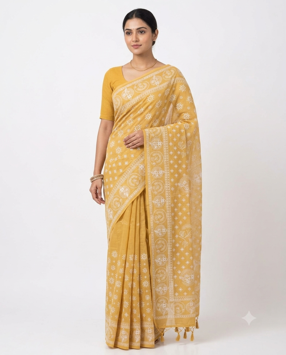 Elegant yellow Printed cotton saree