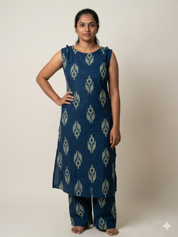 Cotton printed coord set - Navy blue (Sleeve Attached)