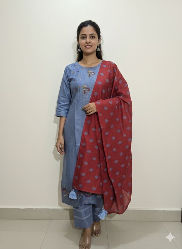 Mal Chanderi salwar set - Blue and red XXL