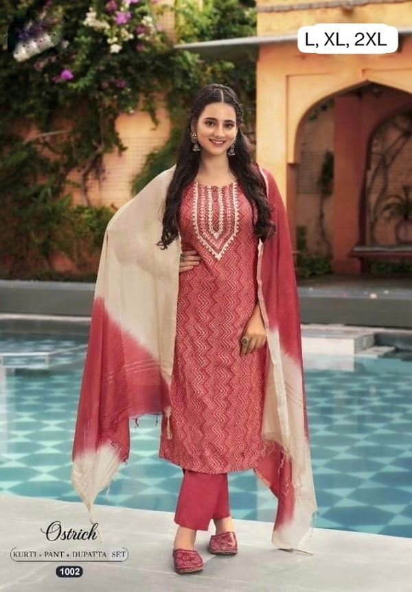 Ostrich Red Cotton Salwar Set with Chiffon Dupatta