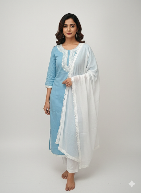 Sky blue and white salwar set