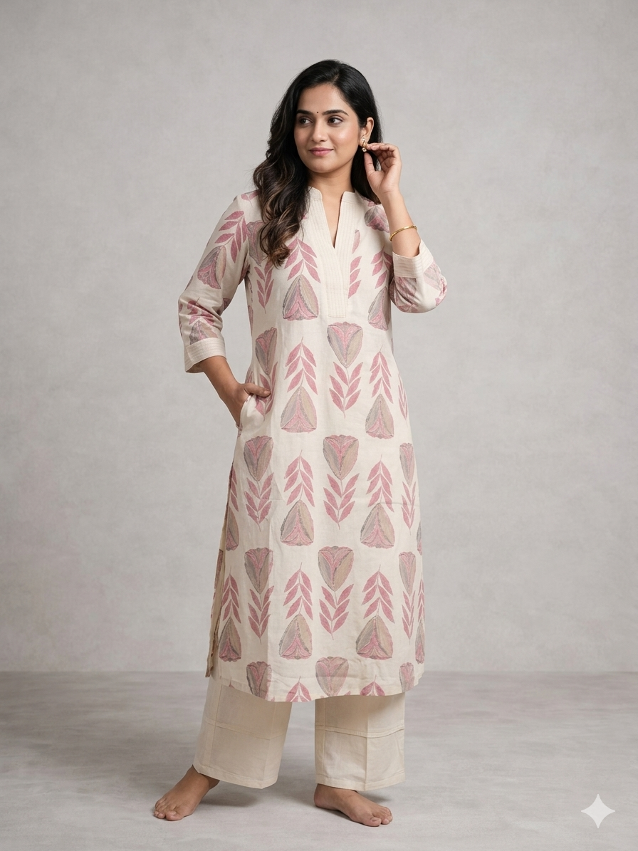 Woman wearing a patterned kurta with white pants against a plain background