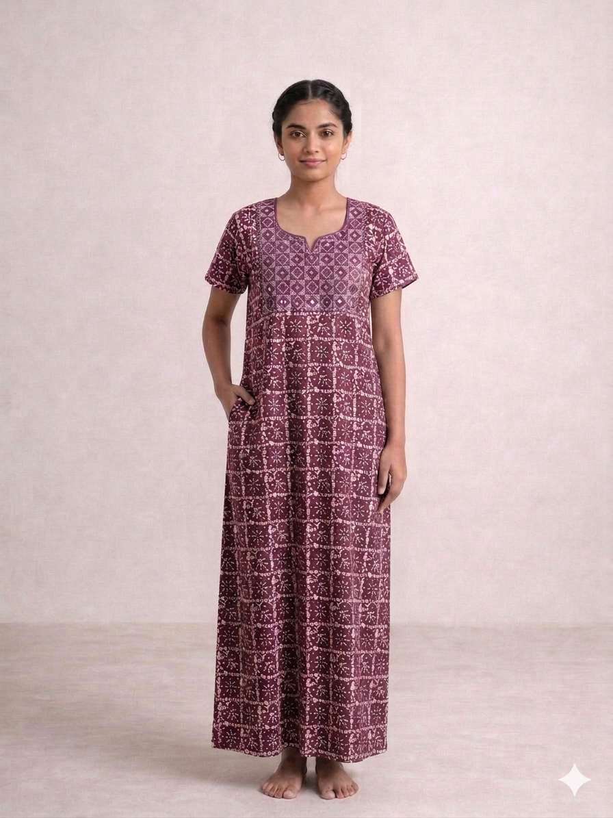 Shanthi Printed nighty with embroidery work Purple