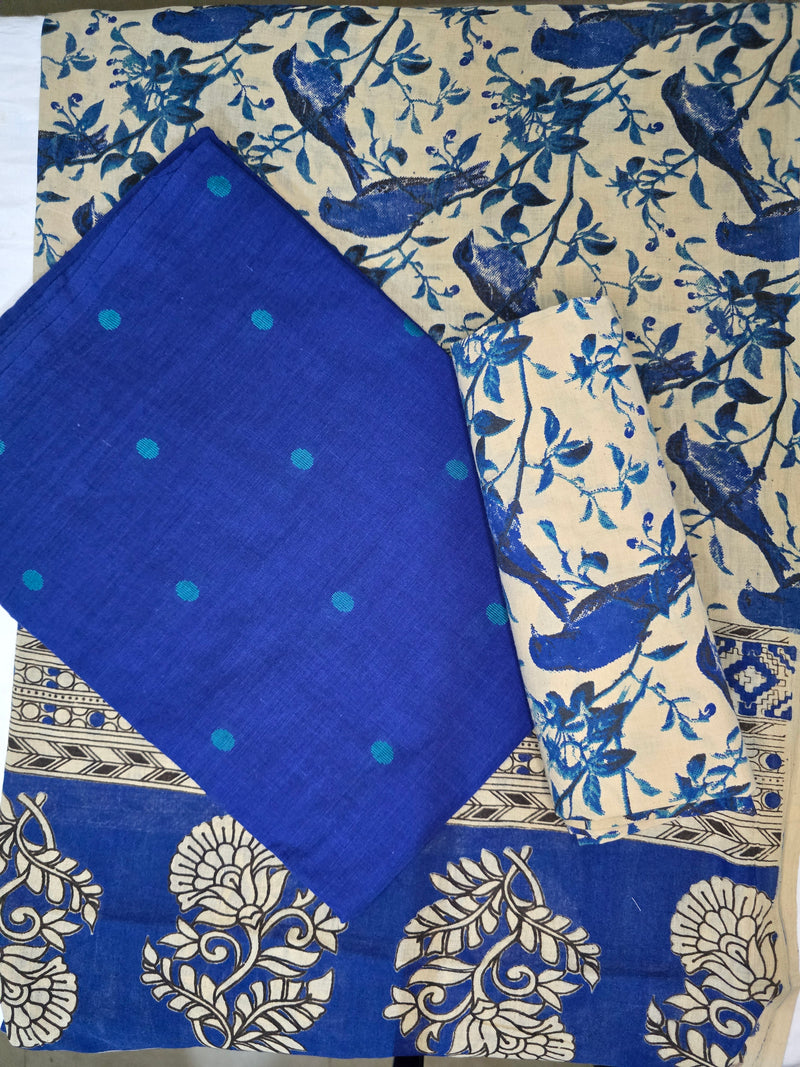 MANGALGIRI TOP COTTON KALAMKARI BOTTOM DUPATTA/-Blue salwar material