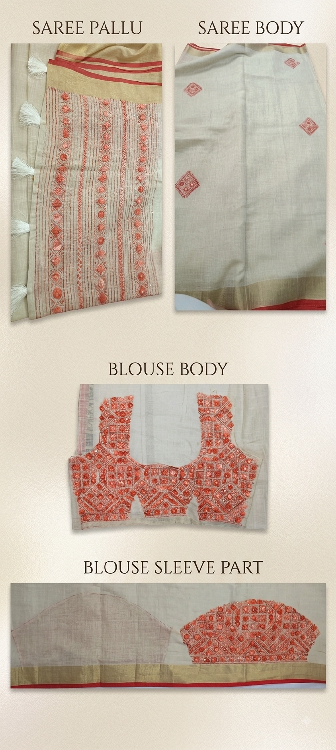 Ivory and Coral Pink Linen Tissue saree with Frenchknot embroidery