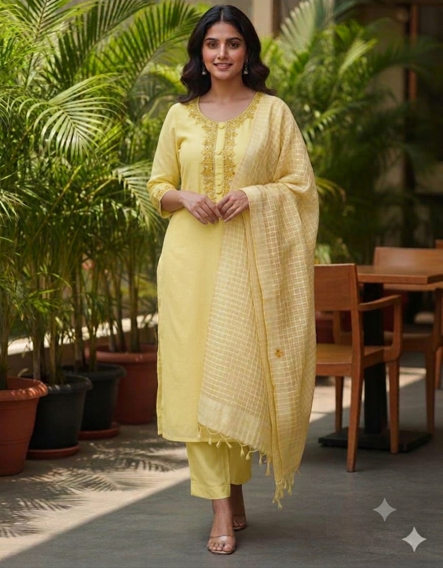 Woman in a yellow traditional outfit standing outdoors with greenery and wooden furniture in the background