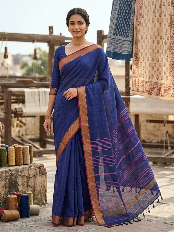 Super Soft Plain Handloom Cotton Saree with Zari Border – Violet & Pink