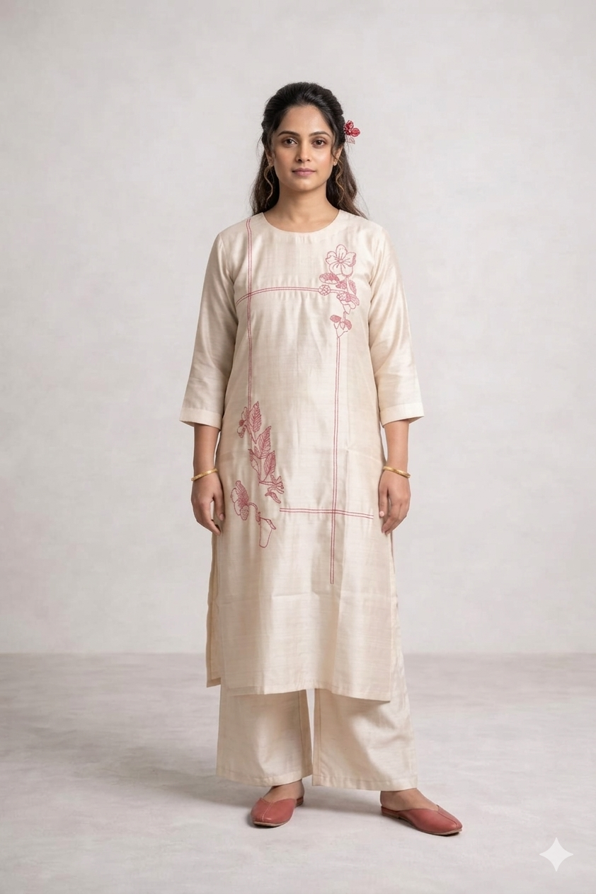 Woman wearing a beige kurta with pink floral embroidery on a white background