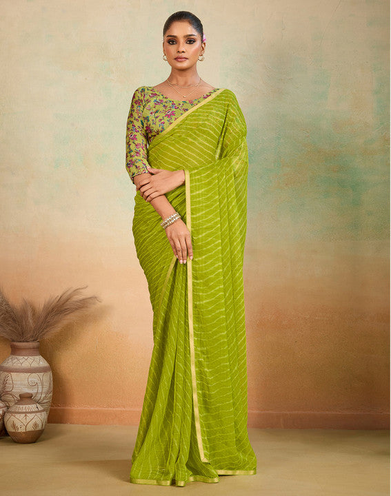 Green Leriya Chiffon Stripped saree with designer blouse