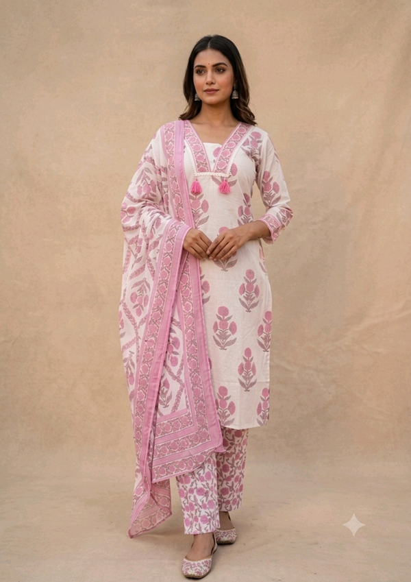 Cotton embroidered Kurti set White and Pink