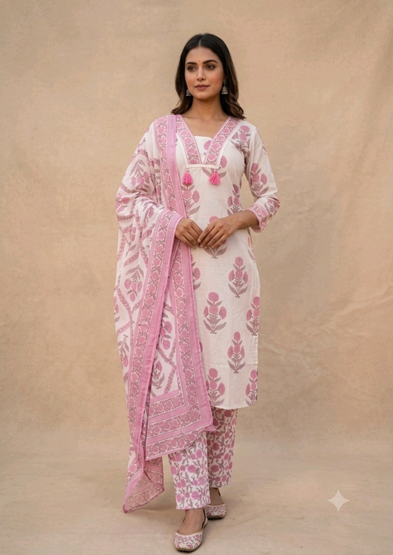 Cotton embroidered Kurti set White and Pink