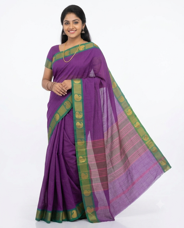 Handloom Cotton Saree with Zari Border – Purple & Green Zari border - Without Running blouse