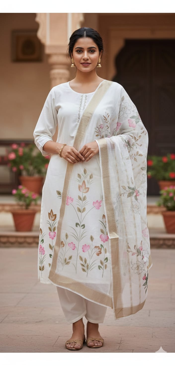 Elegant Mul Chanderi festive kurti set - White