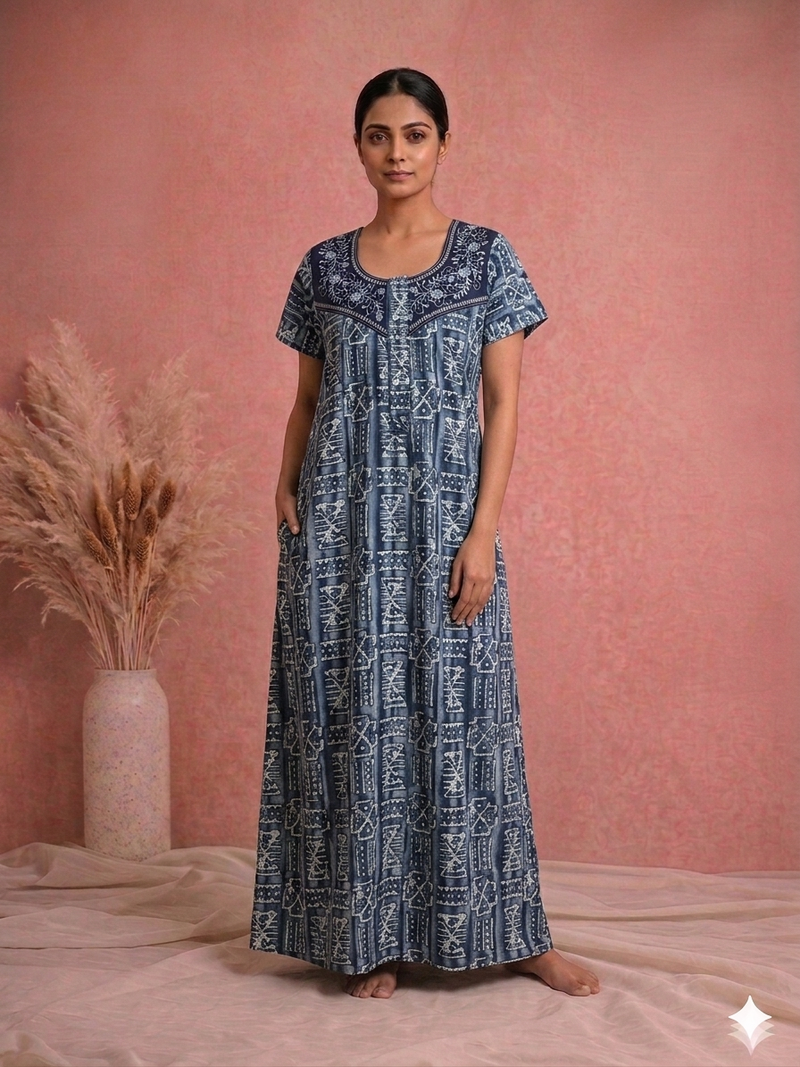 Shanthi Printed nighty with embroidery work Navy