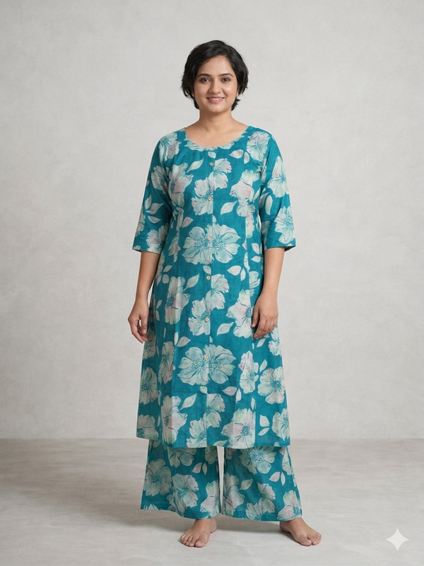 Floral printed modal fabric coord set - Teal blue
