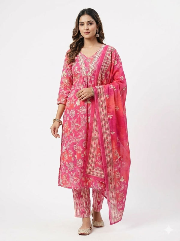 Cotton A-line Salwar Suit - Pink Floral