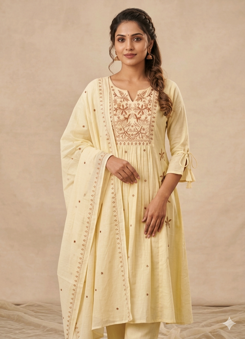 Mul Mul Cotton embroidered Kurti set - Yellow