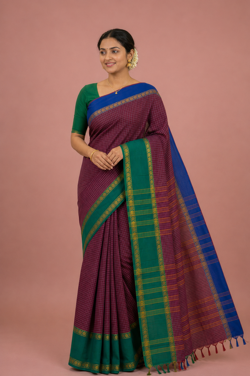 Authentic Handloom Cotton Saree | Double Vaarpu Weaving | Dual Contrast Border | Soft & Durable