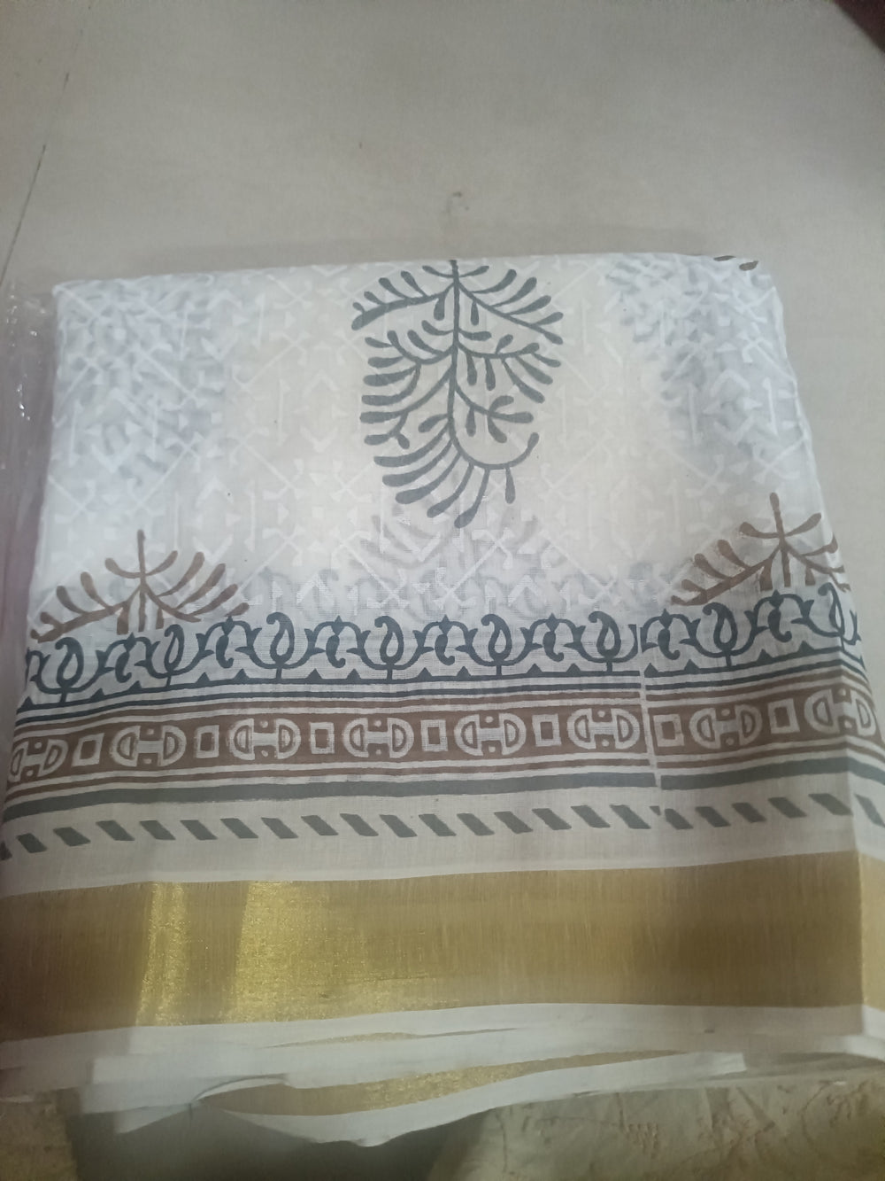 White and Brown Printed cotton saree