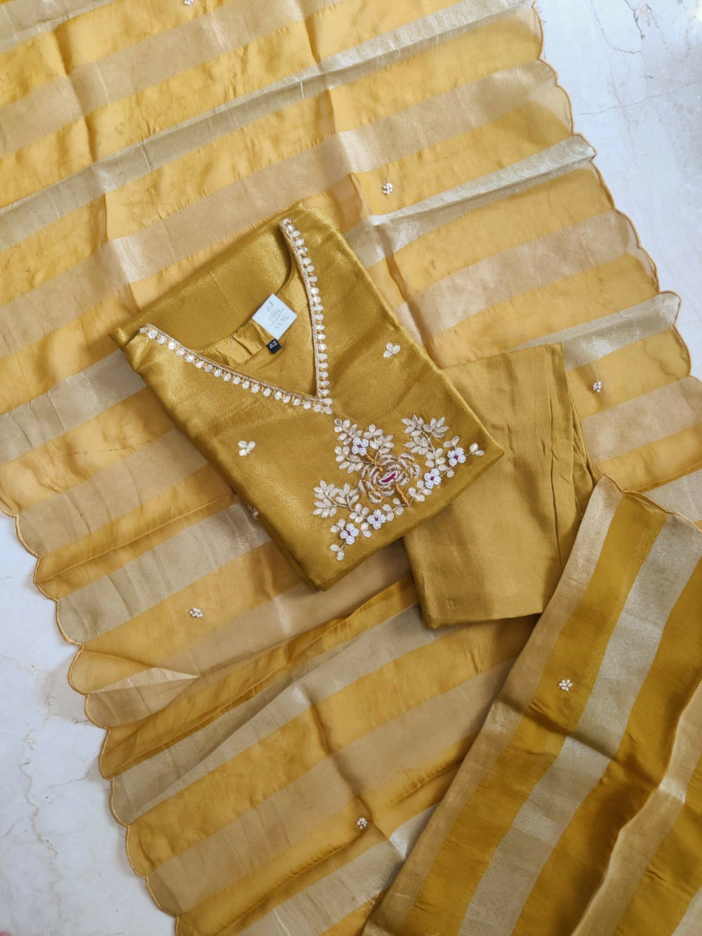 Tissue kurti set with gotta batti work - Golden yellow