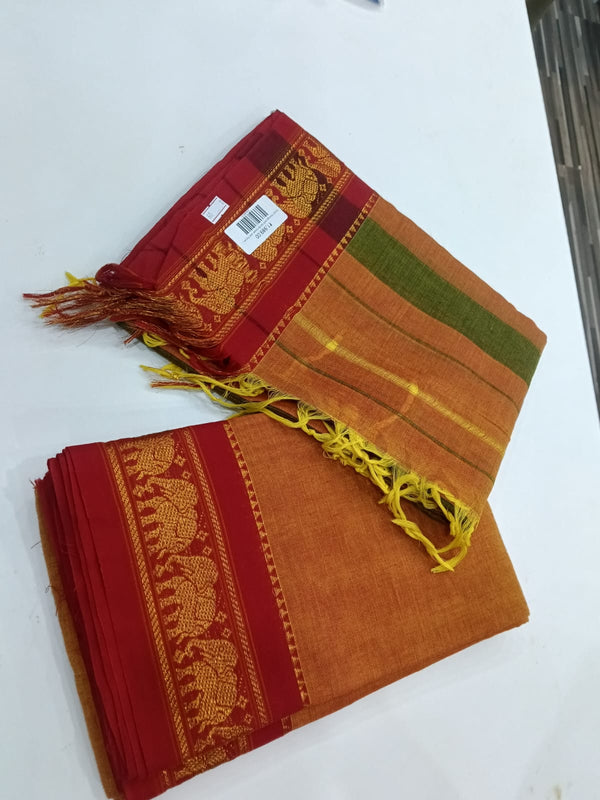 Peach Orange with Bottle Green and Elepant Gold Zari Border Narayanpet Suit Set - Unstitched