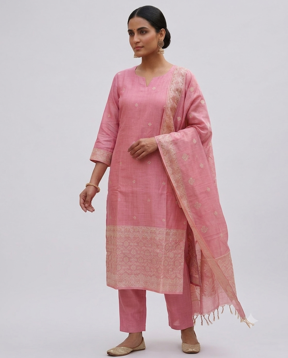 Onion Pink Raw Silk Embroidered Salwar Set